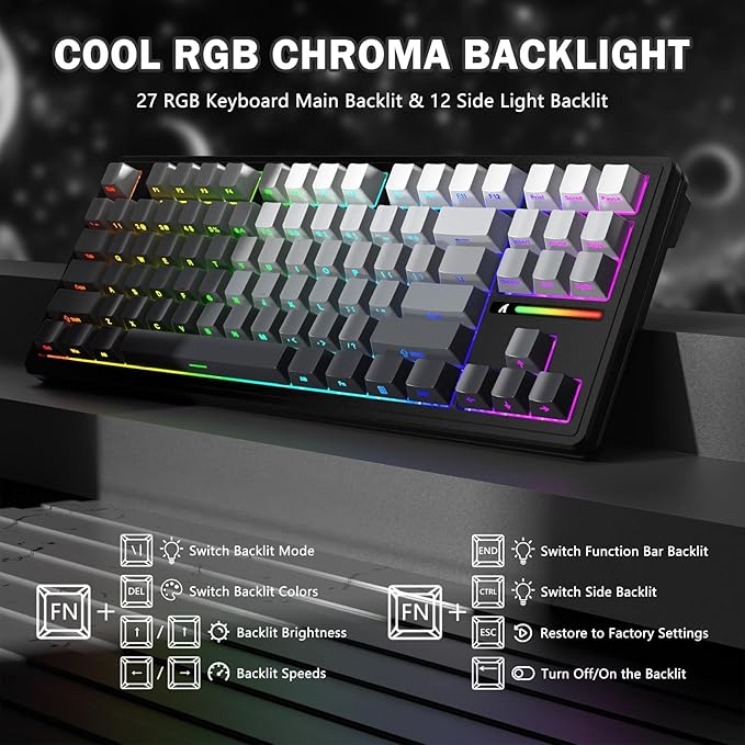 FELICON Attack Shark M87 PRO Wireless Mechanical Gaming Keyboard – 87-Key Tri-Mode (Bluetooth 5.0/2.4Ghz/USB-C), Hot-Swappable Linear Switch, RGB Backlit, 5000mAh Battery – Gray
