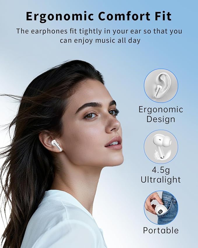 XIAOWTEK Wireless Earbuds, Bluetooth 5.4 Headphones with 50H Playback, Deep Bass Stereo Ear Buds Clear Calls with LED Power Display (White)