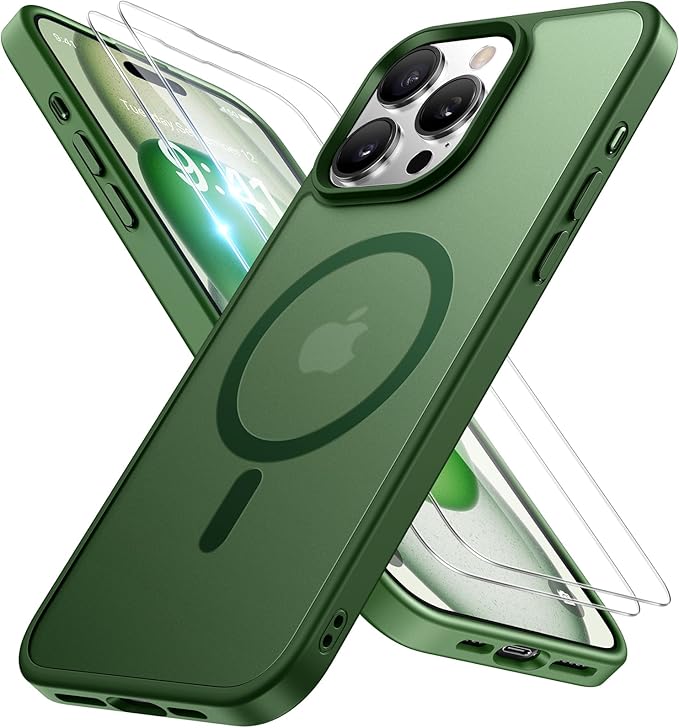 Miracase Magnetic for iPhone 15 Pro Max Case 6.7 inch (Compatible with MagSafe)（with 2X Screen Protectors）Military-Grade Protection, Anti-Fingerprint Translucent Matte Phone Cover, Dark Green
