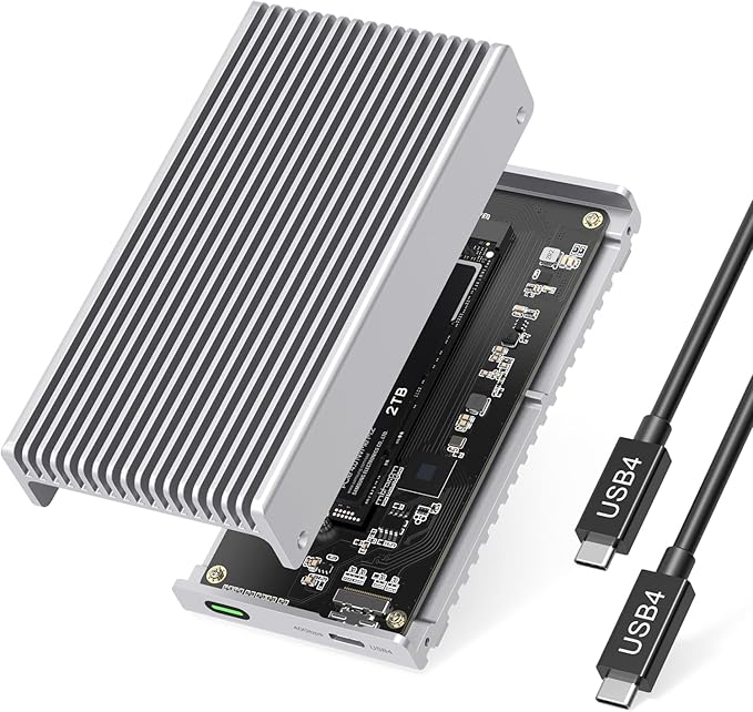 Noiseless 40Gbps M.2 NVMe Enclosure, USB C Aluminum External SSD Enclosure Compatible Thunderbolt4/3 8TB SSD Adapter, PCIe Gen4 M.2 SSD Reader Fits 2280/2260/2242/2230mm M B+M Key (Silver)