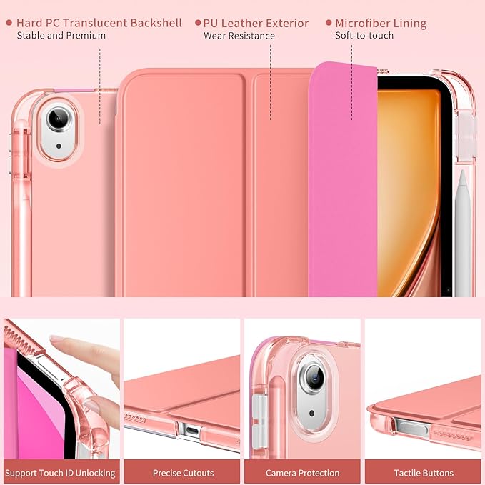 MoKo for iPad Air 11 inch Case (M4/M3/M2) 2026/2025/2024, iPad Air 5th/4th Gen 10.9 inch Case 2022/2020 with Pencil Holder, Slim Light Trifold Cover with Hard PC Translucent Back Shell, Conch Shell
