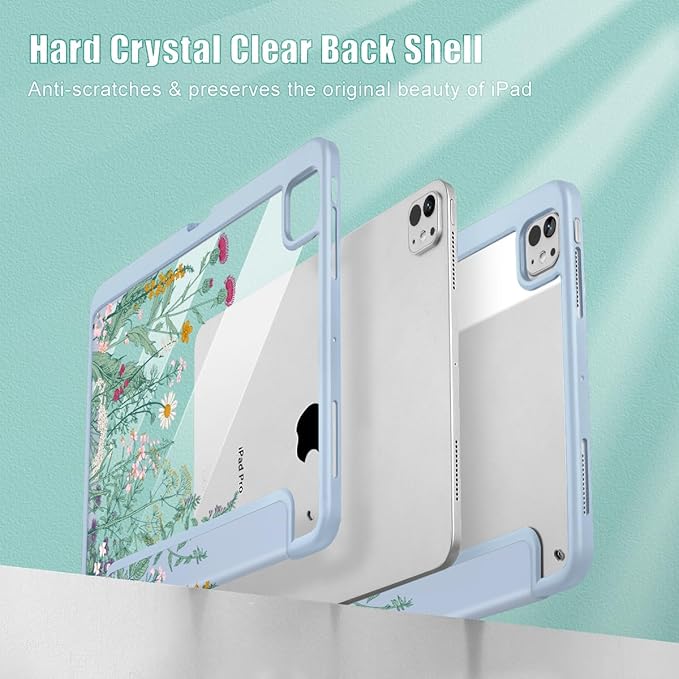 May Chen Case for iPad Pro 11-Inch M5/M4 2025/2024 (6th/5th Generation), Clear Transparent Print Back Shell Slim Stand Shockproof Tablet Cover, Auto Wake/Sleep, Herbs Flowers