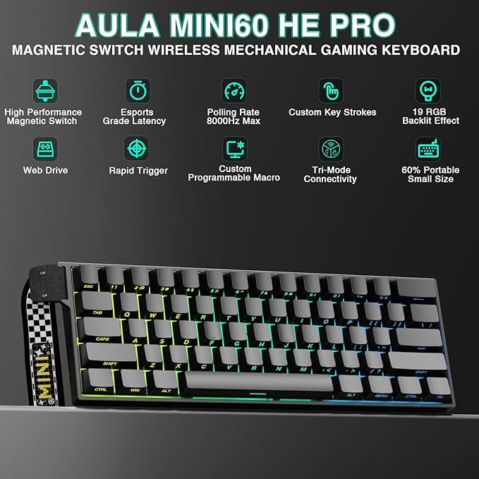 Aula MINI60 HE PRO Wireless Gaming Keyboard 60%,Hall Effect Rapid Trigger Magnetic Keyboard,8000Hz Polling,Tri-Mode(BT5.0/2.4GHz/USB-C),RGB Hot Swappable Compact Mechanical Keyboard for Gamer(Black)