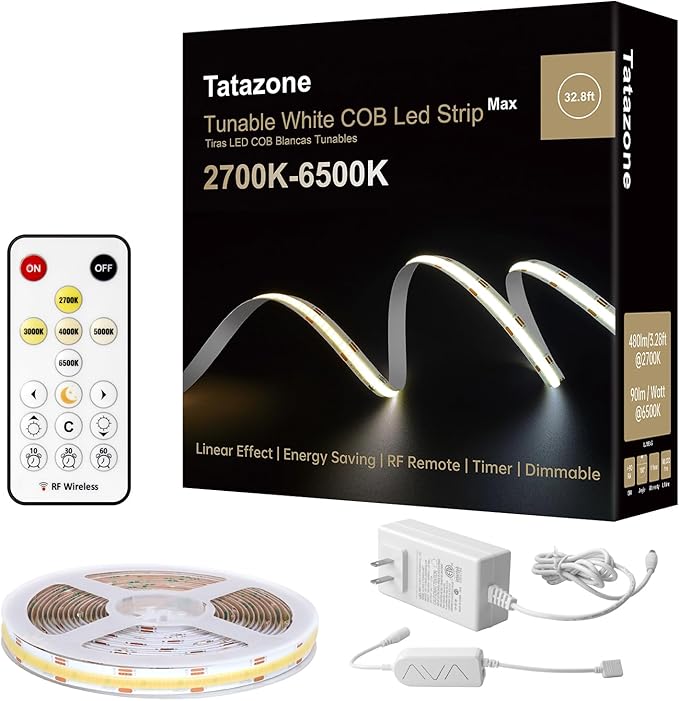 Tatazone 32.8ft Tunable White COB Led Strip Light with RF Remote, CRI93+ Dimmable CCT 2700K-6500K COB Led Tape Lights, Adhesive High Density Dual Color Led Light Strip for Bedroom, Kitchen, Cabinet