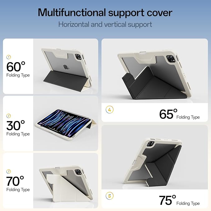Case for iPad Pro 11 inch (4th/3rd/2nd Generation) 2022/2021/2020 with Clear Back, Multi-Angle Stand, Soft Silicone & Shockproof Tablet Protective Case (Cream)