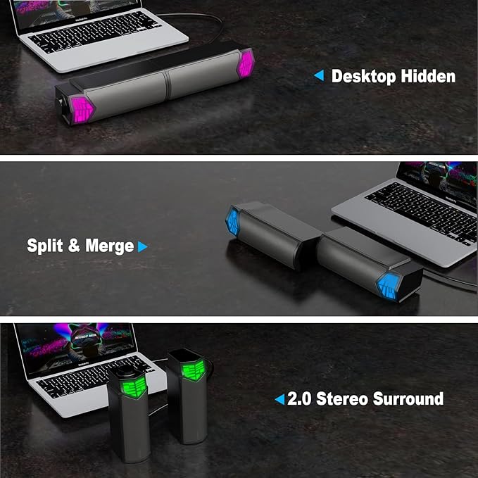 Smalody Computer Speakers for Desktop Gaming Monitor with RGB Lights, 2 in-1 Bluetooth PC Speakers Soundbar USB Powered, Can Be Split and Combined Freely