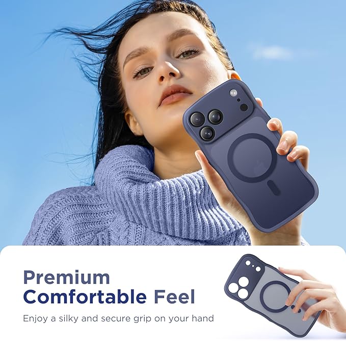 CAPRARO Magnetic for iPhone 17 Pro Max Case for Women Girls, Upgraded [Full Camera Protection] [Compatible with MagSafe] Cute Wave Translucent Matte Phone Case for iPhone 17 Pro Max, Dark Blue