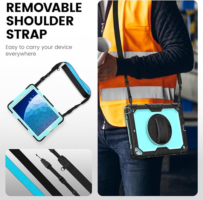 Timecity for iPad Air 3/ Pro 10.5 Inch Case, 360° Rotating Stand, Pencil Holder, Shockproof with Screen Protector & Shoulder Strap - Heavy Duty Protection Case for iPad Air 3rd Gen - Light Blue