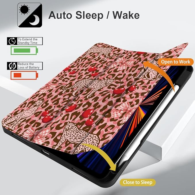 DONGKE Case for 2022/2021/2020/2018 iPad Pro 11 inch Gen 4/3/2/1 - Slim Protective Case - Built in Pencil Holder Support Charging - Trifold Stand & Sleep/Wake Cover- Cheetah Bow