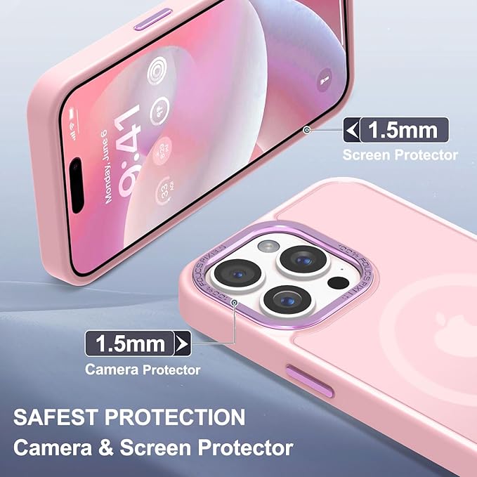 Newfuture Magnetic for iPhone 15 Pro Case [Compatible with Magsafe] [Military Grade Drop Protection] Translucent Matte Anti-Fingerprint Shockproof Phone Case for iPhone 15 Pro 6.1 inch, Tender Pink