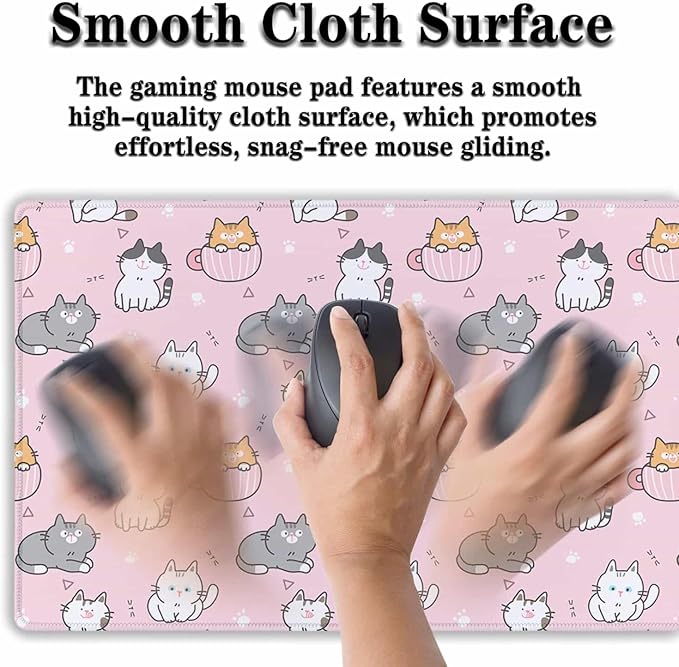 Gaming Mouse Pad Pink, Large Mousepads Computer Desk Mat, XXL Mouse Pad Gaming Non-Slip Rubber Base Waterproof with Stitched Edges, 35.4 X 15.7 inch for Work/Game/Office/Home Cartoon Cat