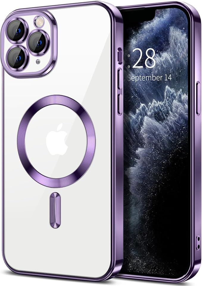 Hython Magnetic Clear for iPhone 11 Pro Max Case with Camera Lens Protector [Compatible with MagSafe] Plating Edge Slim Soft TPU Cover Protective Phone Case for iPhone 11 Pro Max 6.5", Deep Purple