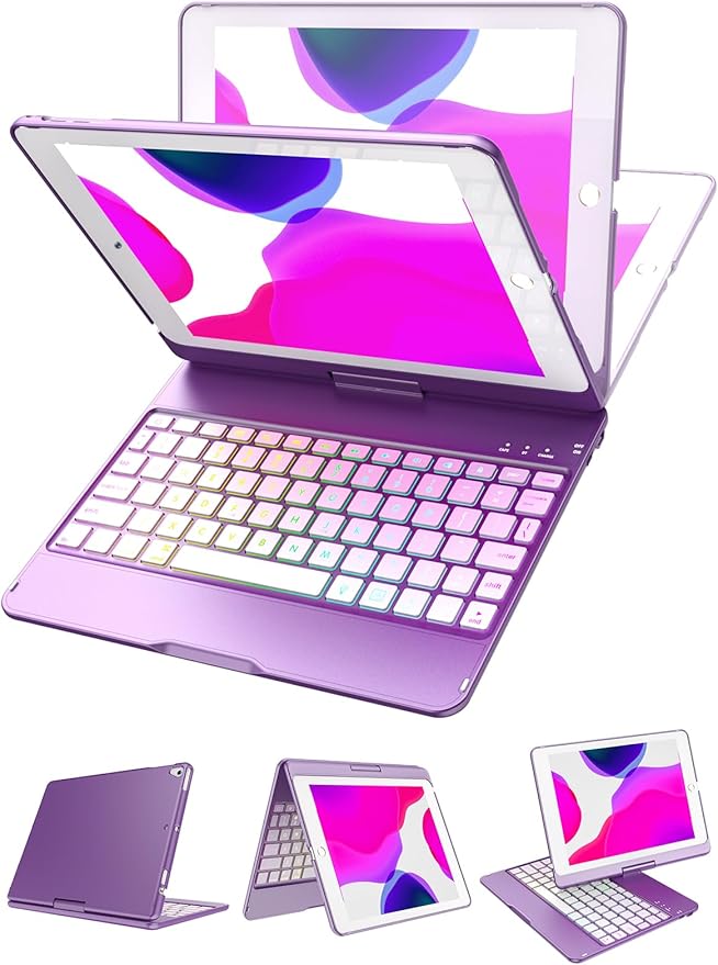 MMK iPad Keyboard Case for iPad 6th Gen 2018,5th Gen 2017, Pro 9.7, Air 2,Air 1, Backlit 10 Color 360 Screen Rotation Case with Keyboard, Auto Sleep/Wake - Violet