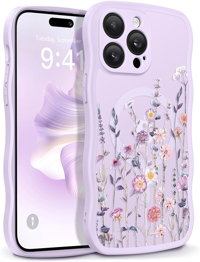 GVIEWIN for iPhone 14 Pro Case Compatible with MagSafe [Curly Wave Edge][Full Camera Protection] Floral Translucent Shockproof Magnetic Women Phone Case for 14 Pro, Floratopia/Colorful