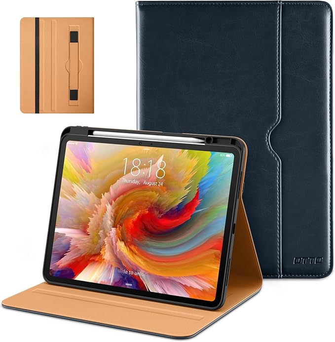 DTTO for iPad Pro 13 inch Case (M5/M4) 2025/2024, Premium Leather Business Folio Stand Cover with Pencil Holder - Auto Wake/Sleep & Multiple Viewing Angles, Built in Hand Strap & Pocket, Blue
