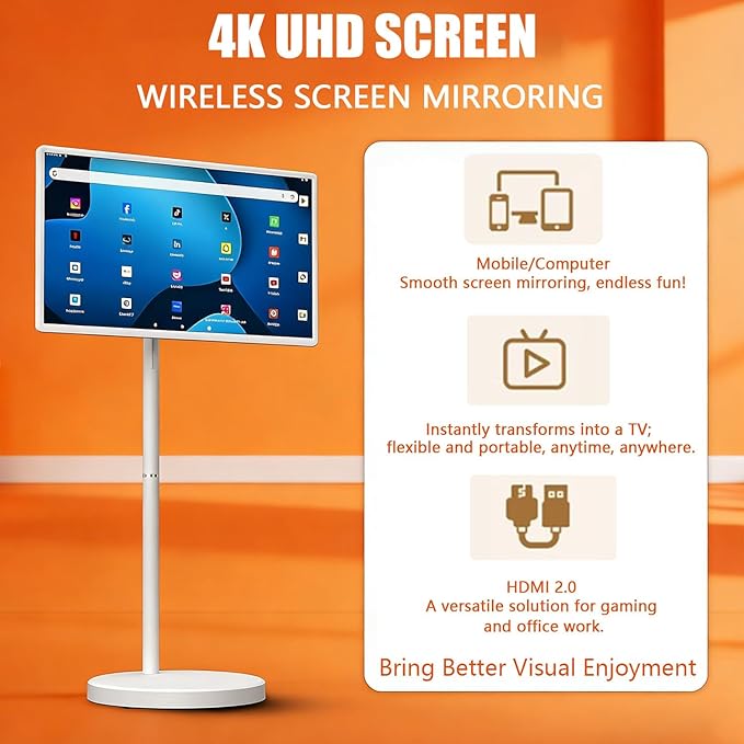 21.5"/24"/27"/32" Portable Smart Screen On Wheels, 4K Touchscreen Display, Build-in 4K Camera, Rolling TV, Built-in Battery (6-8H), Remote Control, 8+128GB Storage 32inches