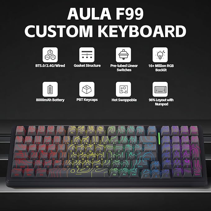 Aula F99 Keyboard Gaming Wireless Mechanical Keyboards Computer Bluetooth Creamy Keyboard Full Size Hot Swappable Custom RGB Backlit with 8000mAh Battery, Tri-Mode BT5.0/2.4GHz/USB-C (Gradient Grey)