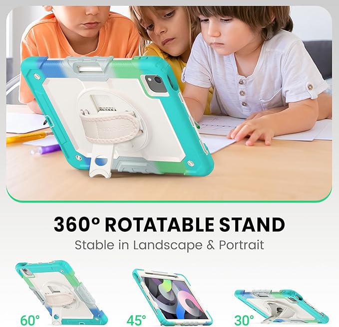 SEYMAC Case for iPad Air 5th/ 4th Generation 10.9", Full-Body Shockproof Protective Case with Screen Protector, Rotating Stand/Handle/Shoulder Strap/Pencil Holder for iPad Air 5/ Air 4, Colorful/Blue