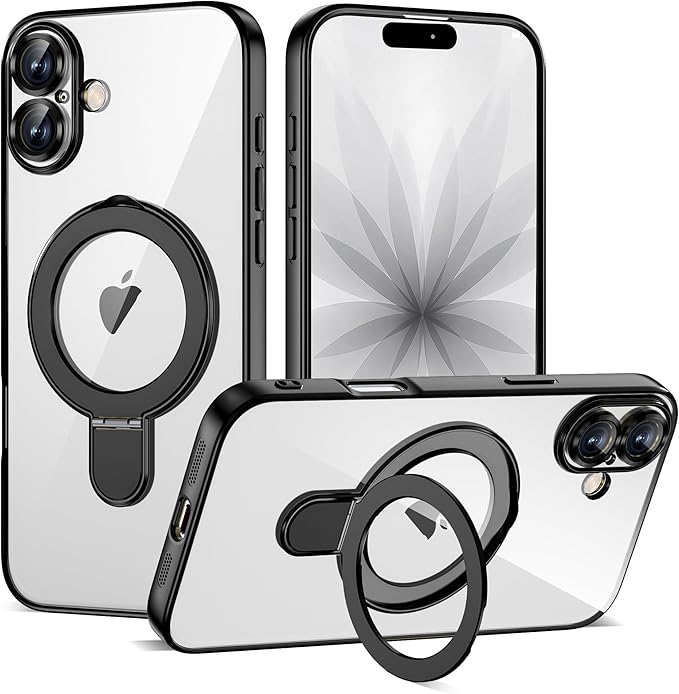 Compatible with iPhone 17 Case with Invisible Magnetic Ring Stand [Compatible with Mag-Safe] [Full Camera Lens Protector] Plating Clear Phone Case for iPhone 17 6.3", Black