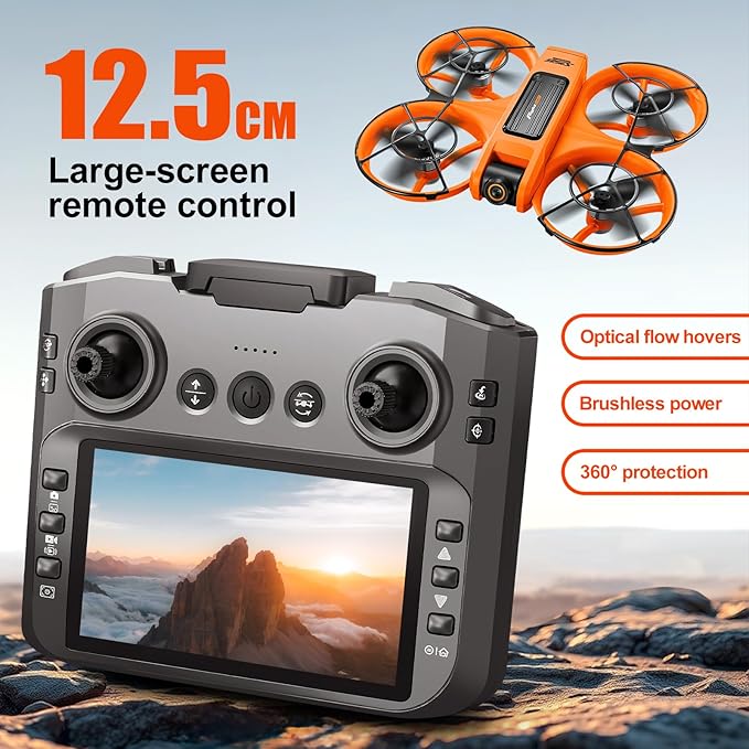 Drone With Large Screen Remote Control (4.92in) , Mini Airplane with Dual Cameras, 2 Batteries, 360° Flips, Full Propeller Guard Protection for Anti-Collision, Brushless Motor, Hovering, Quadcopter with Optical Flow Positioning, RC Helicopter for Adult...