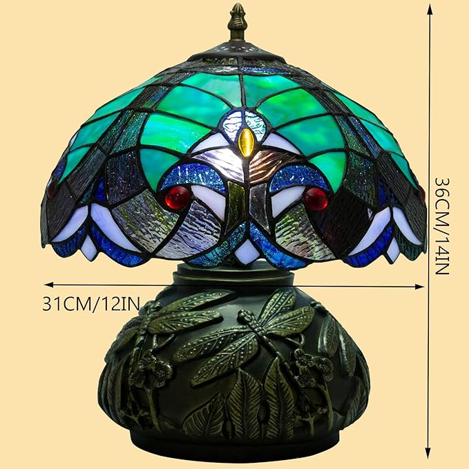 Tiffany Style Table Lamp Dragonfly, Small Stained Glass Lamp for Bedside, Bedroom, Nightstand, Living Room, 12 Inch Mini Vintage Mushroom Desk Lights Included E26 LED with Remote Control