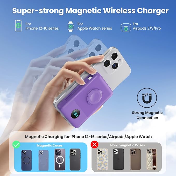 Magnetic Portable Charger for MagSafe with Built-in Cable,iWatch Charger,10800mAh Wireless Power Bank Travel Essentials,25W PD Fast Charging Battery Pack for iPhone 17/16/15/14/13,Apple Watch-Purple