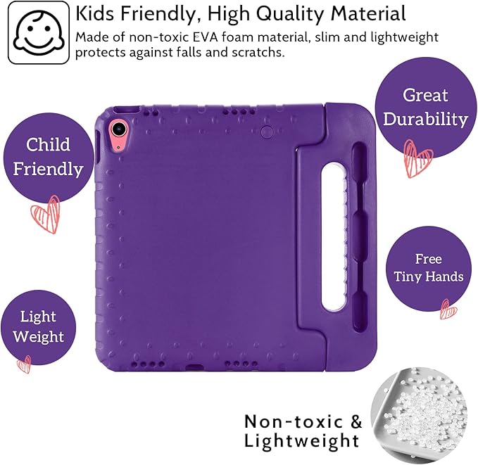 Dteck Kids Case for iPad 10th Gen 10.9 inch with Pencil Holder, Shockproof Rugged EVA Handle Stand, Child Proof, Purple