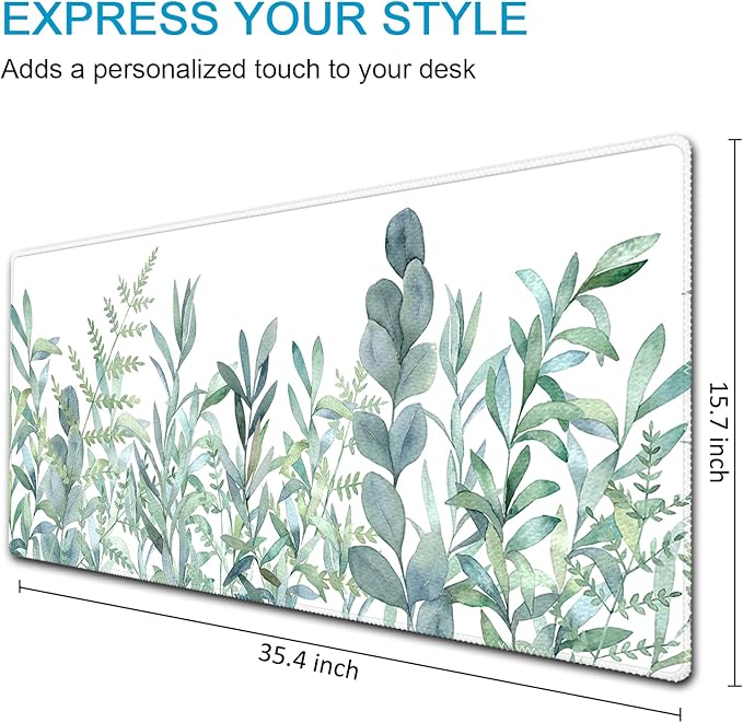 XXL Waterproof Office Desk Pad Protector 35.4x15.7 Inch - Extended Gaming Mouse Pad with Non-Slip Rubber Base, Thickened Keyboard Mat, Stitched Edges & Green Plants Design