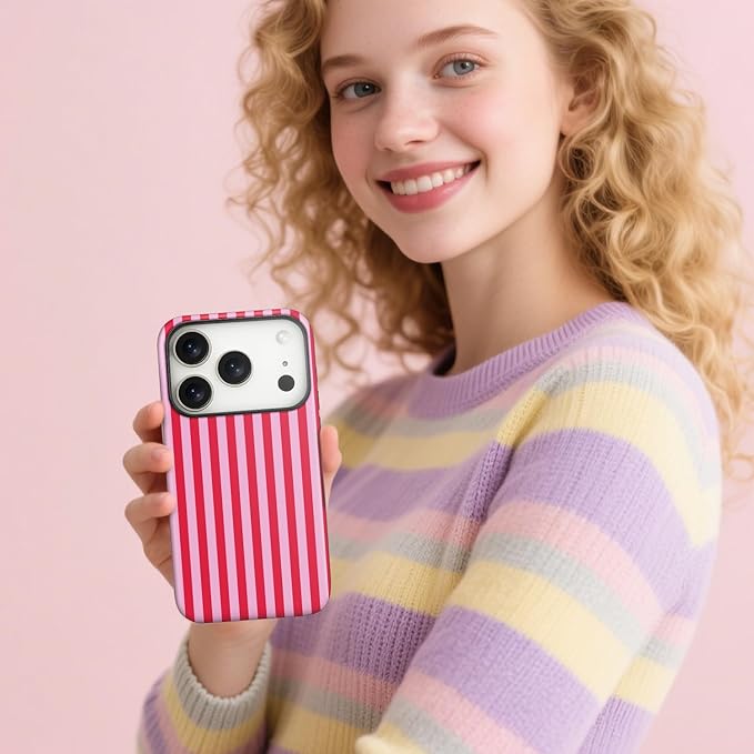 Magnetic for iPhone 17 Pro Max Case Cute Stripes Phone Case, Shockproof Slim TPU and Hard PC Protective Phone Cover Compatible with MagSafe Designed for Women Girls, Pink and White