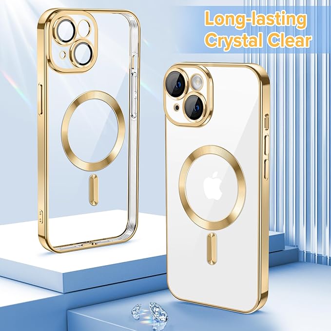 Hython Magnetic Clear for iPhone 15 Case with Camera Lens Protector [Compatible with MagSafe] Luxury Plating Edge Slim Soft TPU Cover Protective Phone Case for iPhone 15 6.1", Gold
