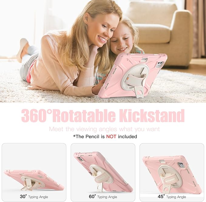 BRAECNstock Kids Case for Apple iPad Pro 11 inch M5 2025/ M4 2024, Shockproof Protective Case with Pencil Holder, 360° Rotating Hand Strap & Stand, Shoulder Strap for iPad Pro 11 M5/M4, Sakura Pink