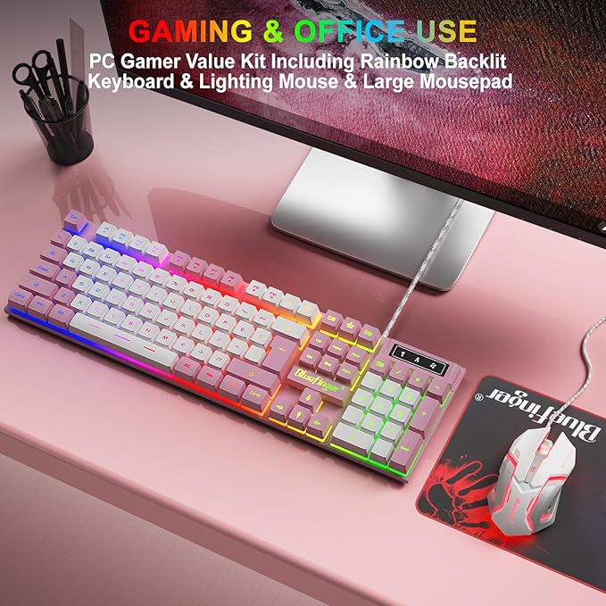 BlueFinger RGB Gaming Keyboard and Backlit Mouse Combo, USB Wired, LED Gaming Set for Laptop PC Computer Game and Work (Pink & White)