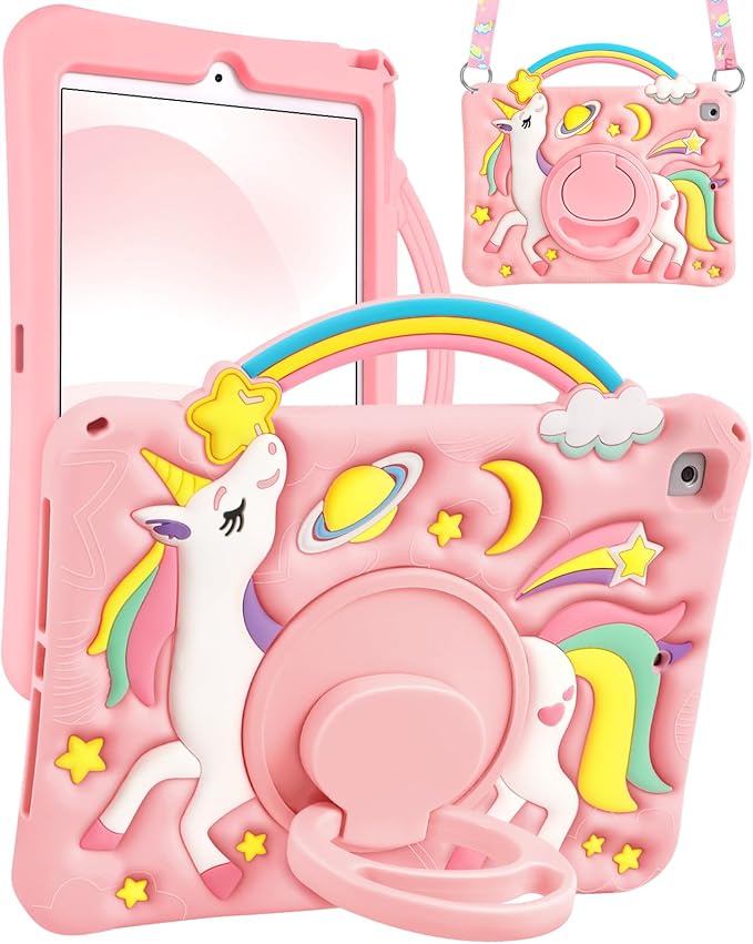 Boaretiu for iPad 6th/5th Generation Case 9.7 Inch - Cute Cartoon Unicorn Soft 3D Silicone for iPad Air 1st/2nd Case with Strap & Rotating Stand for Girls Teens Tablet Cover for i Pad Pro 9.7 Inch