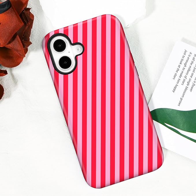 Magnetic for iPhone 16 Case Cute Diagonal Stripes Phone Case, Shockproof Slim TPU and Hard PC Protective Phone Cover Compatible with MagSafe Designed for Women Girls,Red