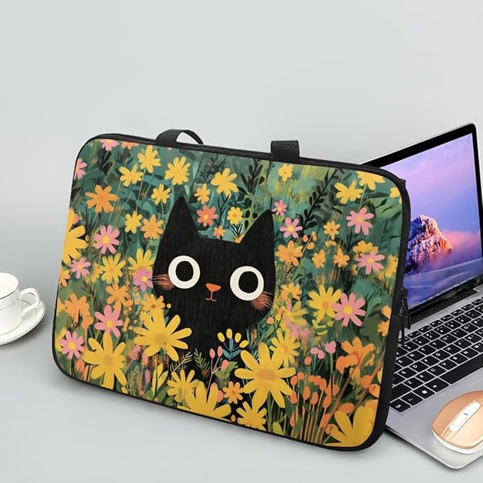 13 Inch Black Cat Flowers Laptop Sleeve Case, Sturdy Computer Bag Tablet Carrying Case with Handle, Tote Bags for Work/School/Travel, Large Capacity Notebook Messenger Briefcase