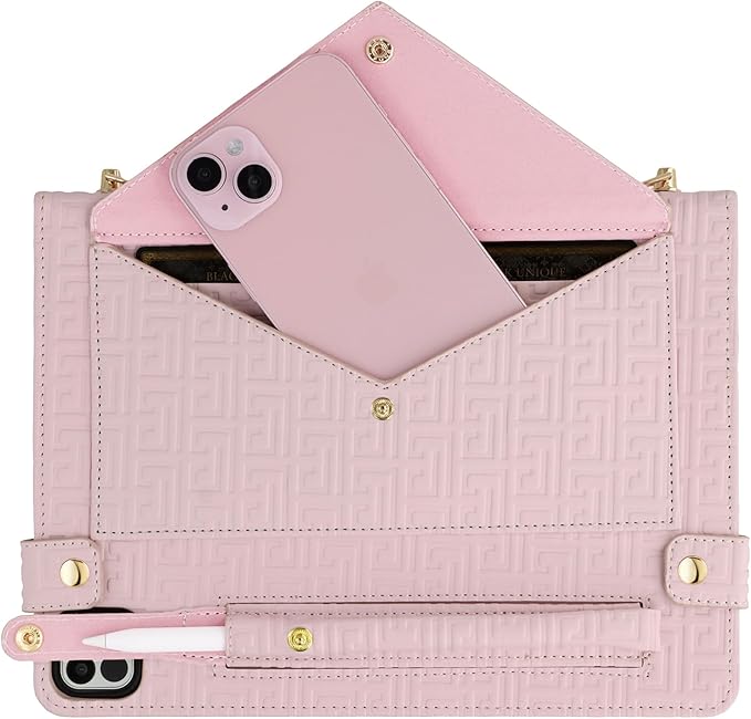 Handbag Case for iPad Pro 11-inch 2025 M5/2024 M4, Techcircle Elegant Crossbody PU Leather Folio Envelope Pocket Stand Cover with Hand Strap+Shoulder Strap+Pencil Holder+Card Slots, Baby Pink