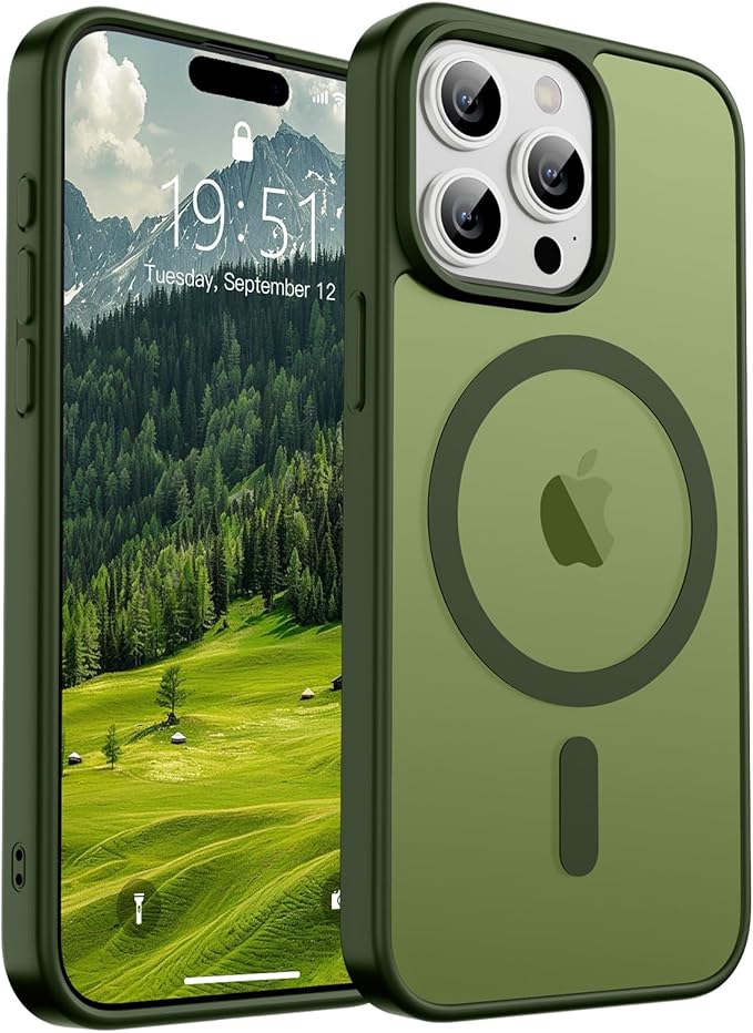 SUPFINE Magnetic for iPhone 15 Pro Case (Compatible with MagSafe) (Military Grade Drop Protection) Translucent Matte Shockproof with Anti-Fingerprint Phone Case,Cangling Green