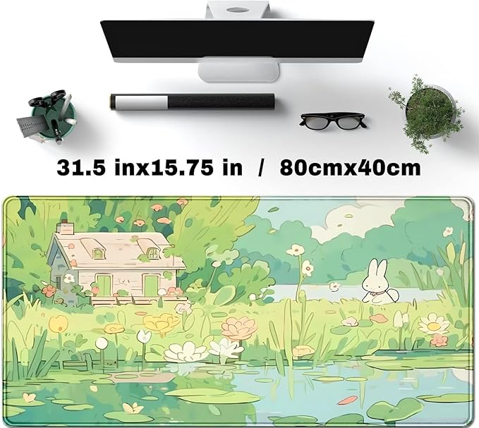 Cute Anime Bunny Forrest Green Mouse Pad Xl-31.5x15.7in-Desk Mousepad-Extended Aesthetic Keyboard Mouse Pad-for Desk Kid Girl with Stitched Edges Non-Slip Cozy Office Decor