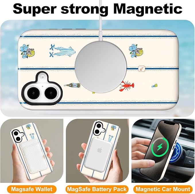 Magnetic for iPhone 16 Plus Case Cute Frog Stripes Phone Case, Summer Shockproof Slim TPU and Hard PC Protective Phone Cover Compatible with MagSafe Designed for Women Girls