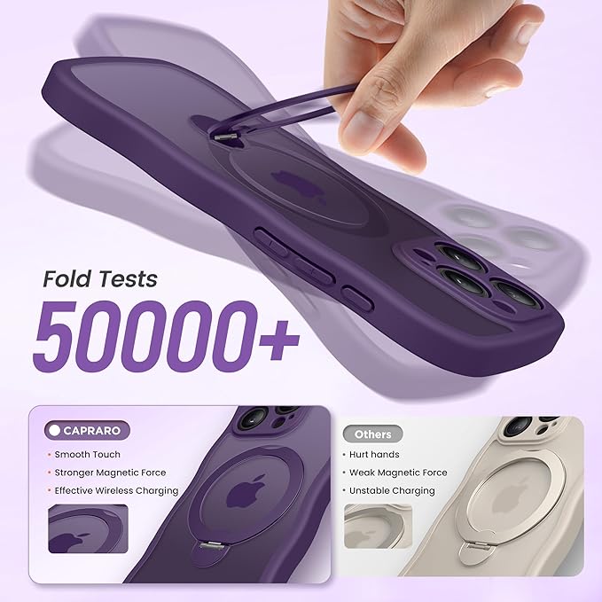 CAPRARO for iPhone 14 Pro Max Case with 360° Spin Magnetic Stand for Women, [Compatible with MagSafe] [Full Camera Protection] Cute Wave Translucent Matte Case for iPhone 14 Pro Max, Deep Purple