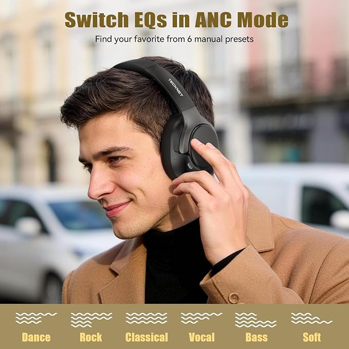 TECKNET Hybrid Active Noise Cancelling Headphones, Bluetooth 6.0 Wireless Headphones, 70H Playtime and 6 EQ Music Modes with 3.5mm Cord, Over Ear Headphones for Travel Work Cellphone - Black