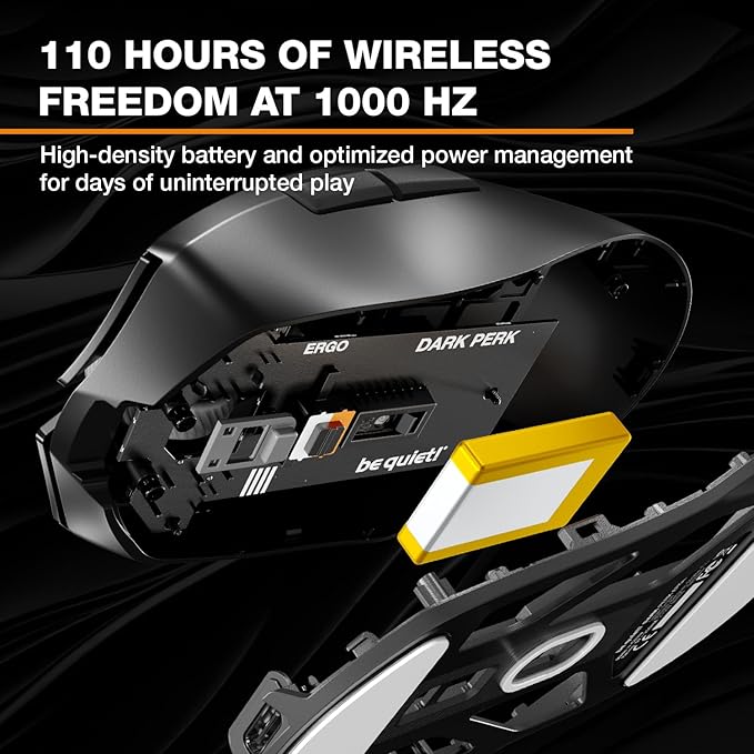 be quiet! Dark Perk Ergo PC Gaming Mouse, 55g Lightweight, Ultra-Long Wireless Battery Life, 8,000Hz Polling Rate, PixArt PAW3950 Sensor, 32,000 DPI, Optical 70m switches, 100% PTFE Glide Skates