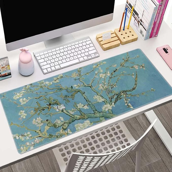 Gaming Mouse Pad, Large Mouse Pads for Desk, Non-Slip Rubber Base Mousepad, Keyboard Mouse Mat Desk Pad with Stitched Edges, 31.5x11.8 inch Vincent Van Gogh Almond Blossom