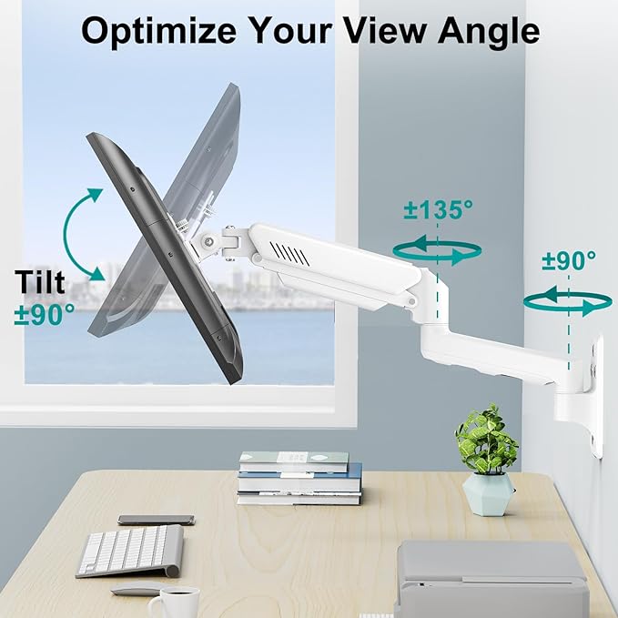 Monitor Wall Mount Fits 17-32 Inch Flat/Curved Computer Screens, Single Wall Arm Holds up to 19.8lbs, Height Adjustable Gas Spring Wall Stand Tilt, VESA Mount 75/100, White