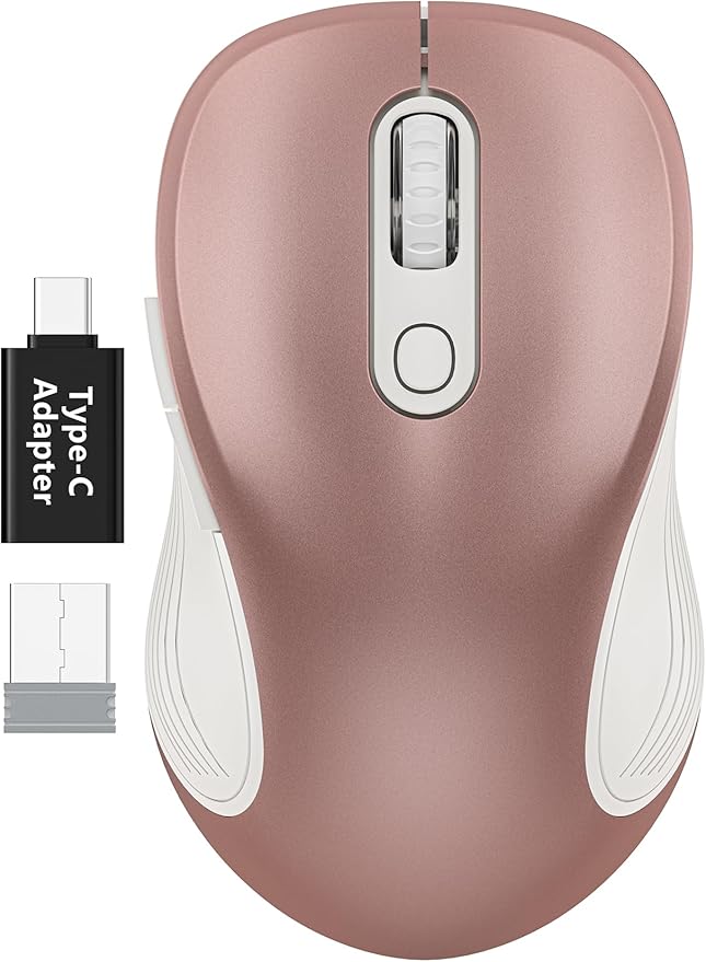 WisFox 2.4G Wireless Mouse for Laptop, Ergonomic Computer Mouse with USB Receiver and Type-C Adapter, 3 Adjustable Levels DPI, 6 Button Cordless Wireless Mice (Rose Gold)