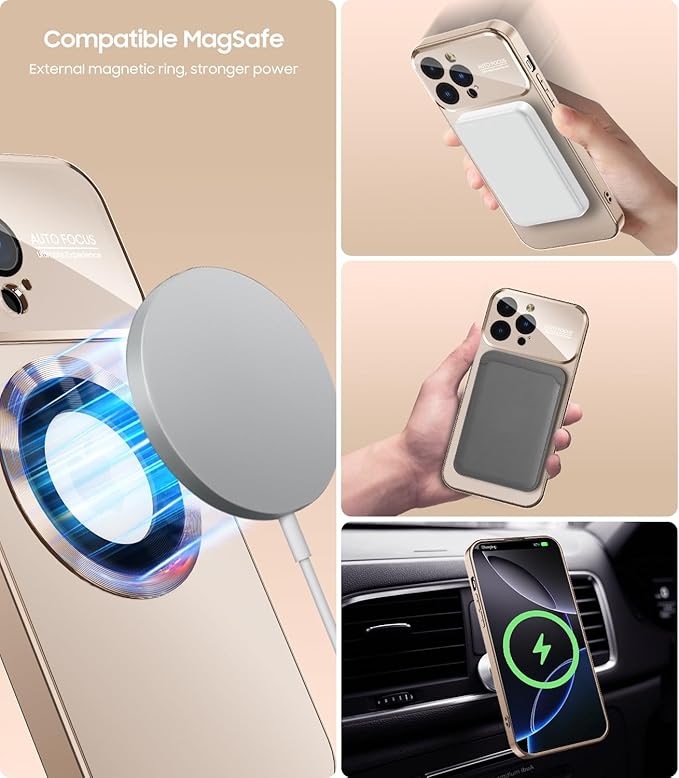 MAKAVO Magnetic for iPhone 16 Pro Case, Compatible with MagSafe, Built-in Camera Lens Protector, Logo View, Military Grade Drop Protection Phone Cover, Desert Titanium