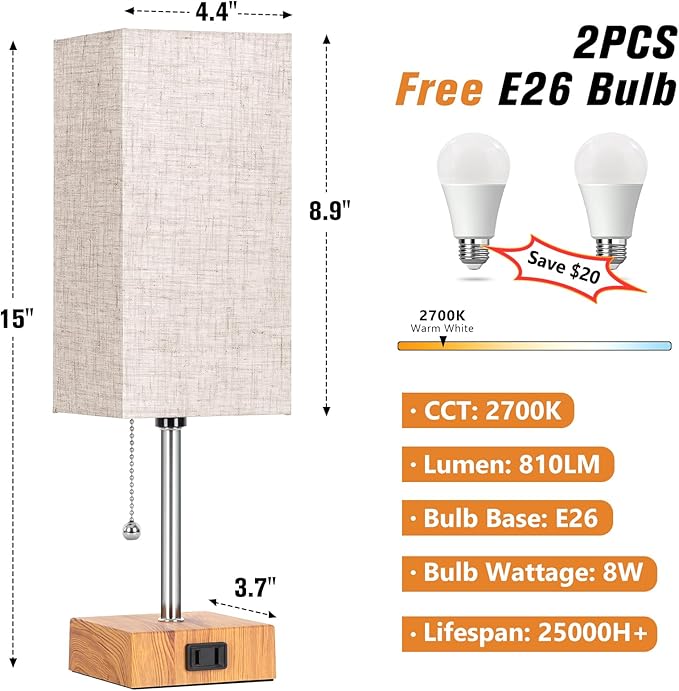 PLMMY Bedside Table Lamps for Bedroom Nightstand, Bedroom Lamp with 3 Color Temperatures Nightstand Lamps Set of 2 with AC Outlets, Square Pull Chain Bedside Lamp for Living Room, Home Decor