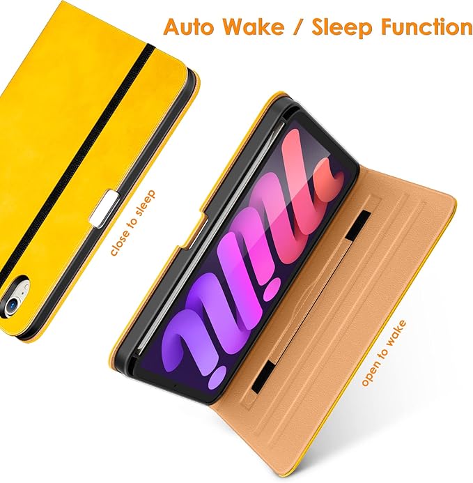 DTTO for iPad mini 7th (A17 Pro) 2024/iPad Mini 6th Generation Case 2021 8.3 Inch, Premium Leather Business Folio Stand Cover for Mini 7/6 with Pencil Holder-Multiple Viewing Angles, Yellow
