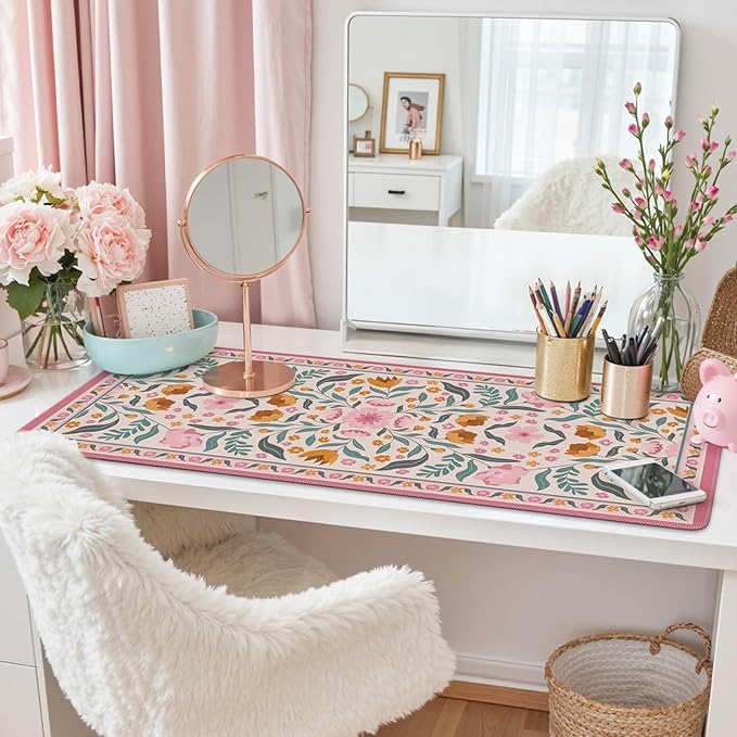 iLeadon Desk Protector Pad Mat Pink, Large Floral Mouse and Keyboard Pad with Smooth Lycra Surface, Long Full Desk Mouse Pad for Laptop, Gaming Desks Mat Cute for Office, Home (Pink)
