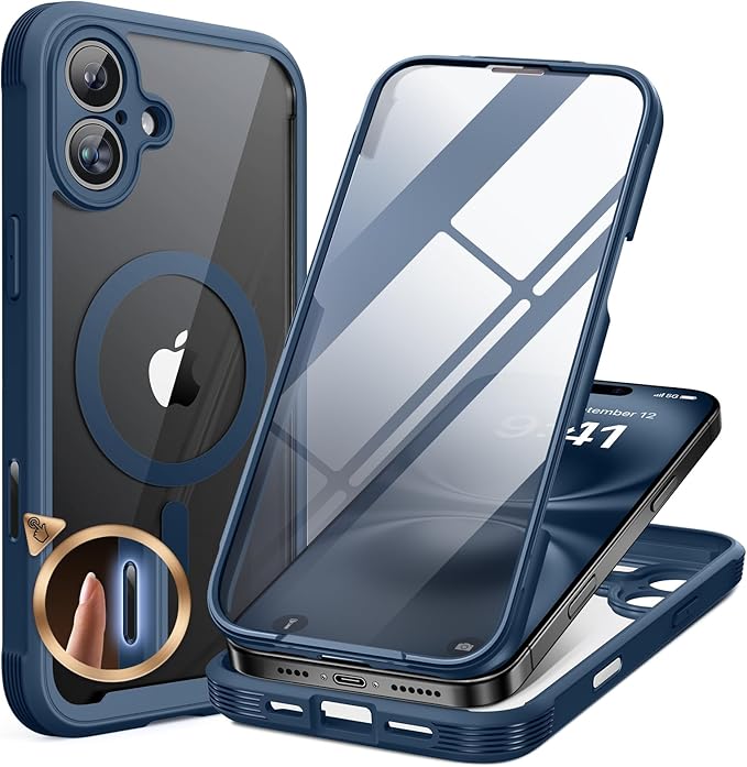 Miracase for iPhone 16 Case 6.1'', Full-Body Protective Phone case with Built-in Full Glass Screen &Camera Control,Easy Installation,No Gap,Compatible with MagSafe,SGS Drop Proof 16 Cover,Storm Blue